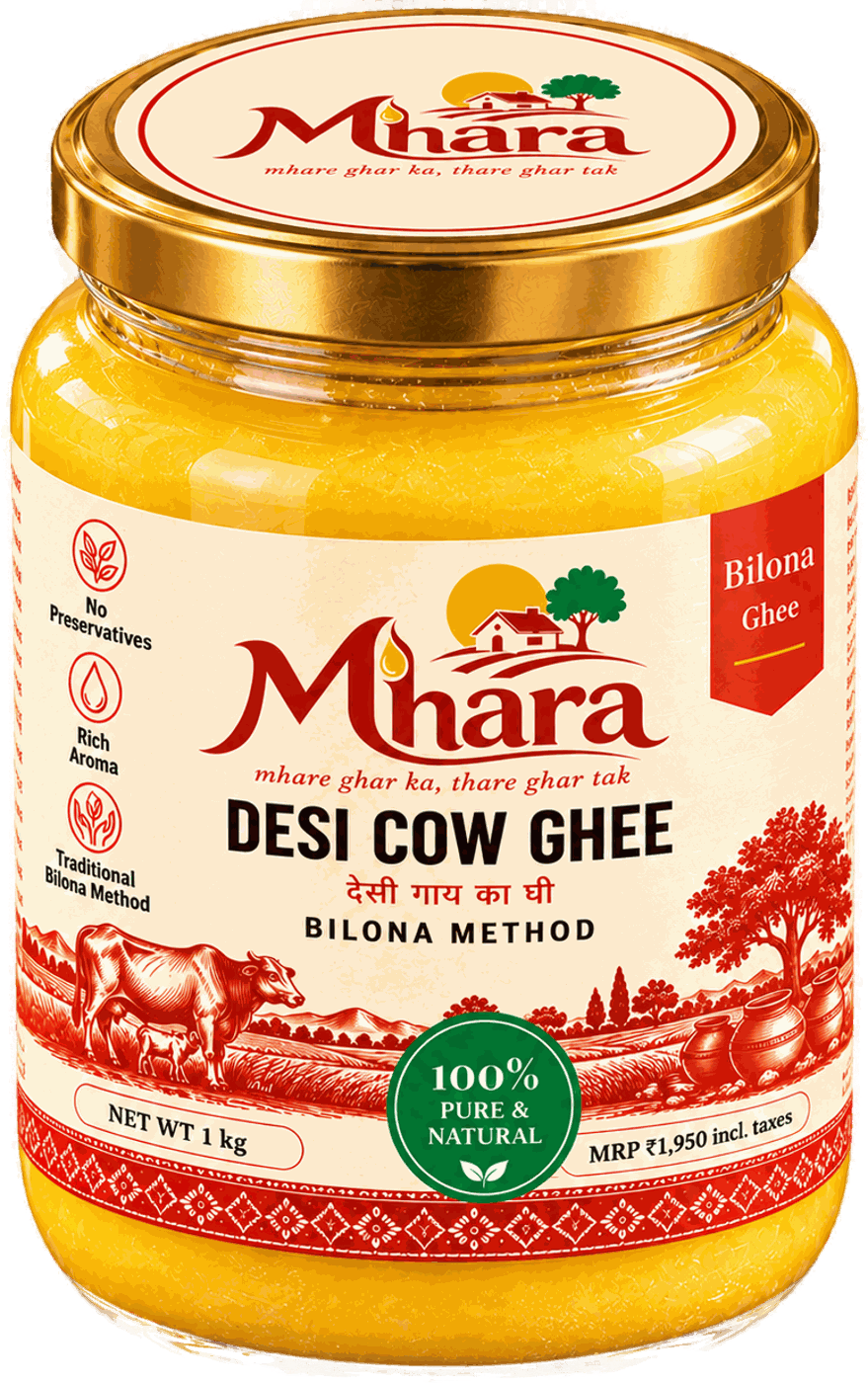 Mhara desi cow ghee 1 kg glass jar with gold lid