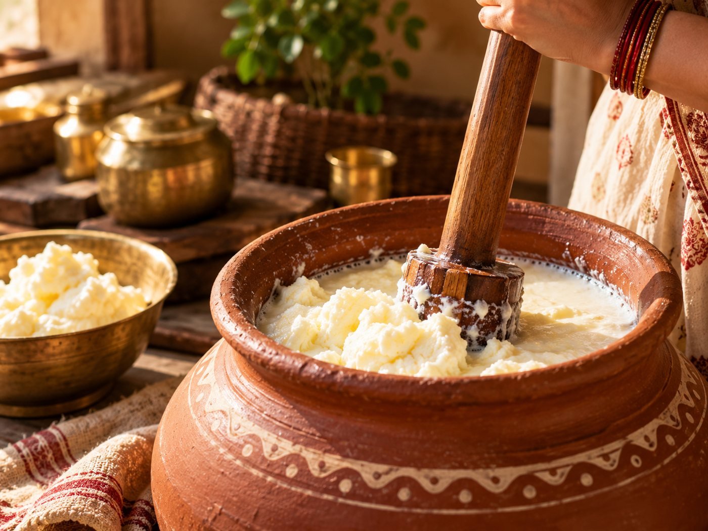 Curd being hand-churned with a wooden bilona in a clay pot