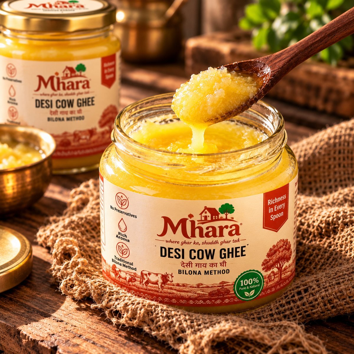 Open jar of grainy Mhara ghee with a wooden spoon