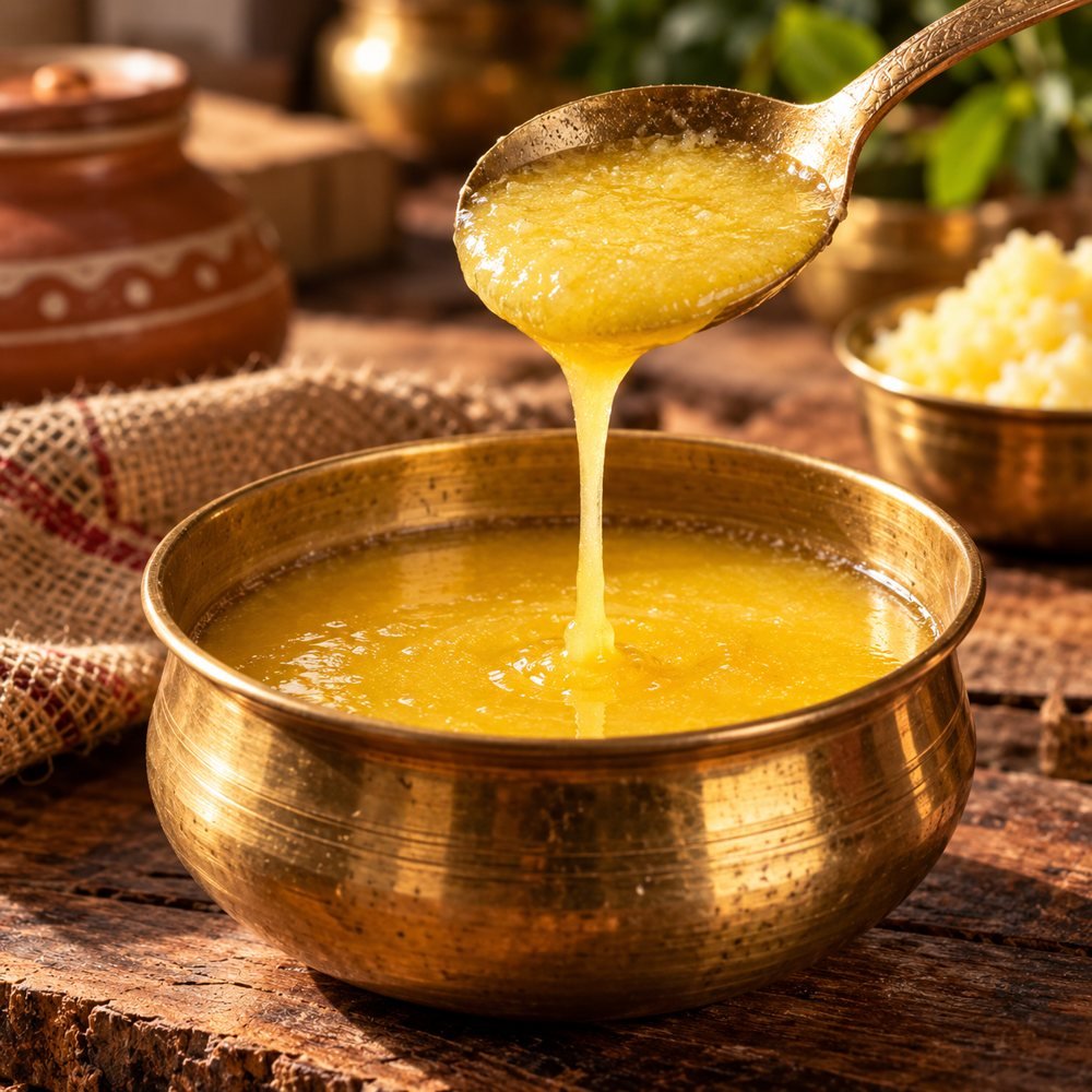 Golden ghee pouring from a brass spoon into a brass bowl